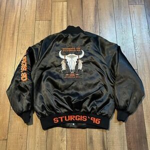 Vintage‎ 1996 Sturgis Black Satin Bomber Jacket Men's Large Made in USA
